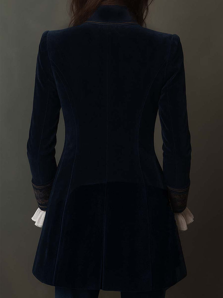 Federica | Veste longue vintage en velours bleu marine avec broderies