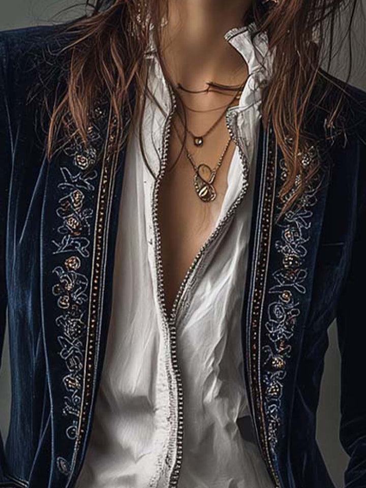 Federica | Veste longue vintage en velours bleu marine avec broderies