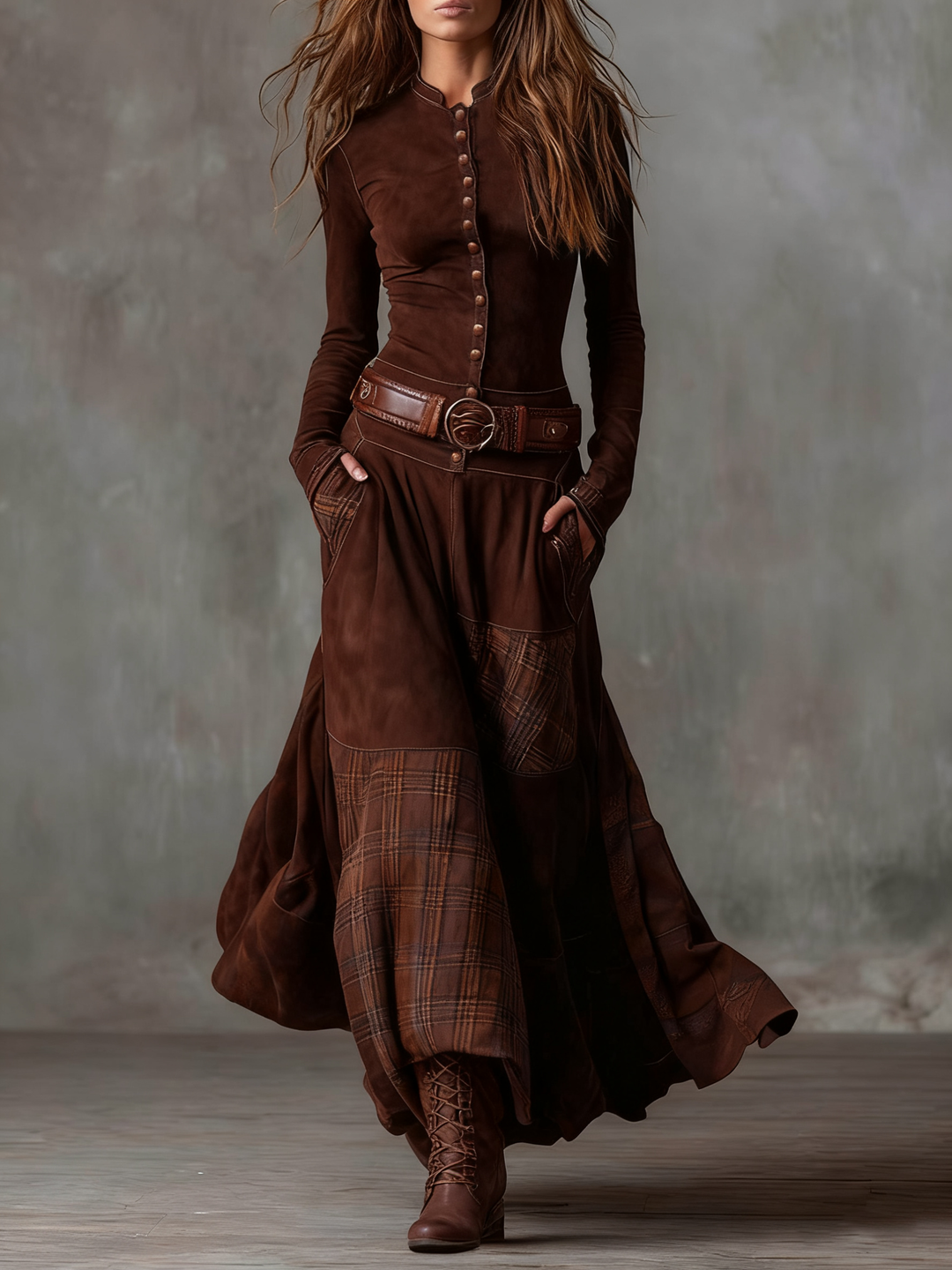 Leonora | Robe longue vintage en suédine à carreaux bleu marine (ceinture incluse)