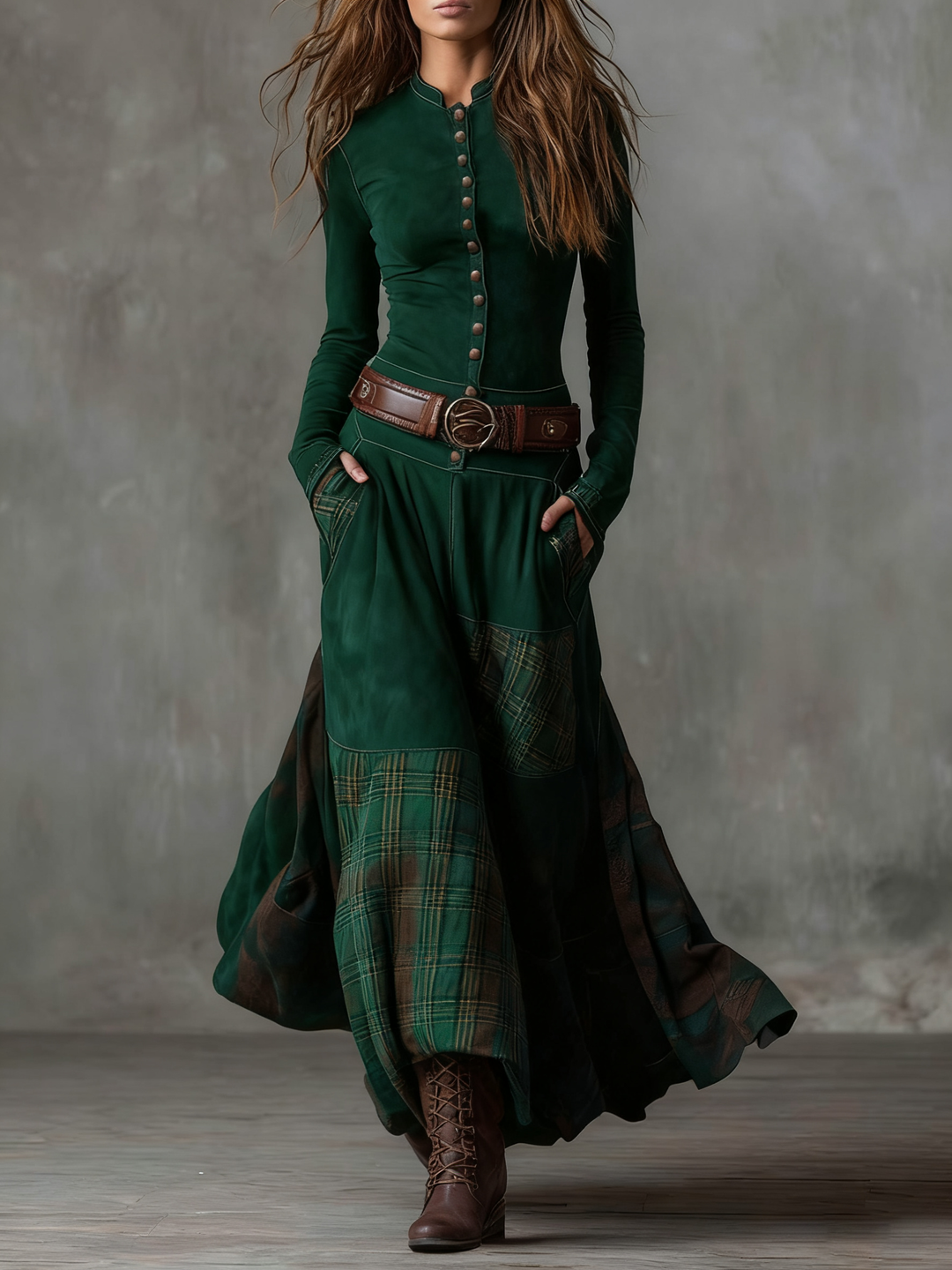Leonora | Robe longue vintage en suédine à carreaux bleu marine (ceinture incluse)