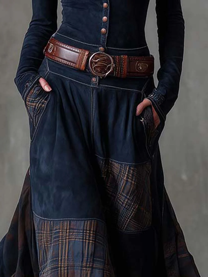 Leonora | Robe longue vintage en suédine à carreaux bleu marine (ceinture incluse)