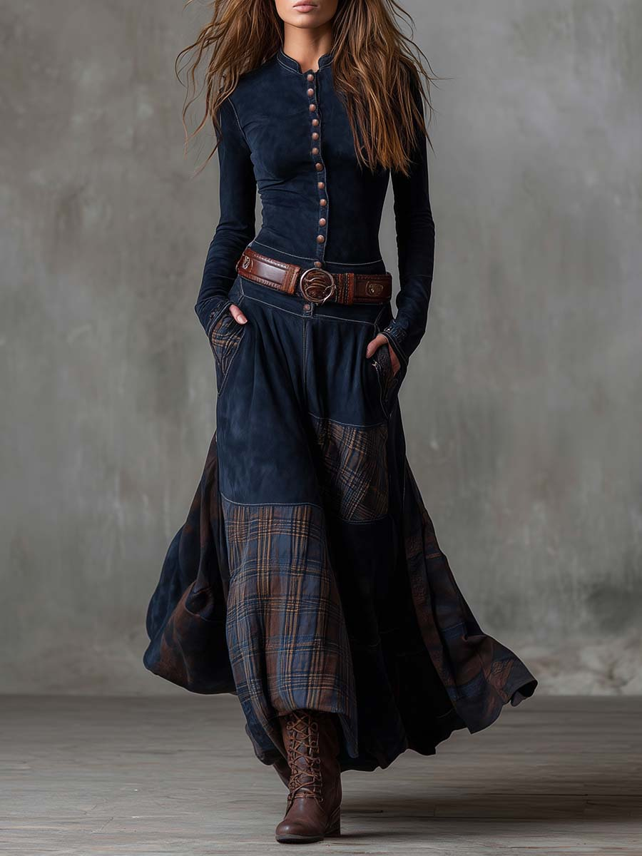 Leonora | Robe longue vintage en suédine à carreaux bleu marine (ceinture incluse)