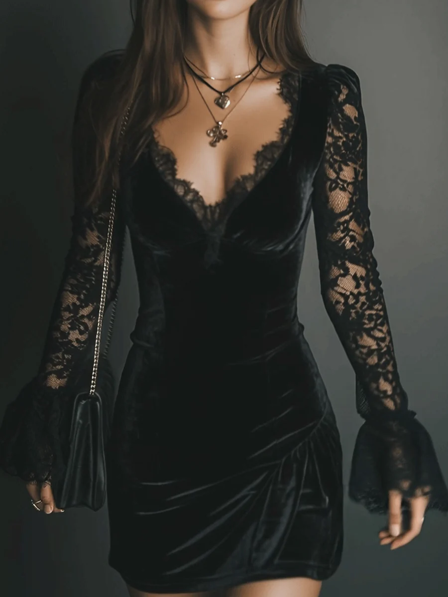Lunori | Mini-robe en velours et dentelle